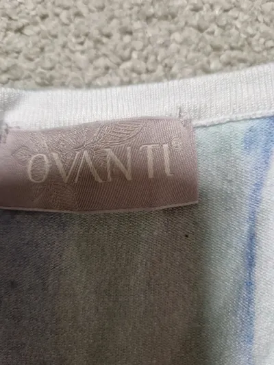 Ovanti Damen T-Shirt Gr. 44 Blau Abstrakt Muster Kurzarm Viskose