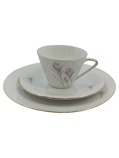 Tirschenreuth Sammelgedeck 3-tlg Porzellan Tasse Teller Blumen Weiß Gold
