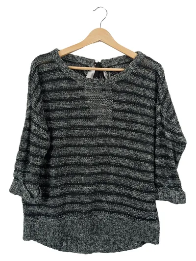 Forever 21 Damen Pullover Gr. 38 M Grau Gestreift Cut-Out Pailletten Casual