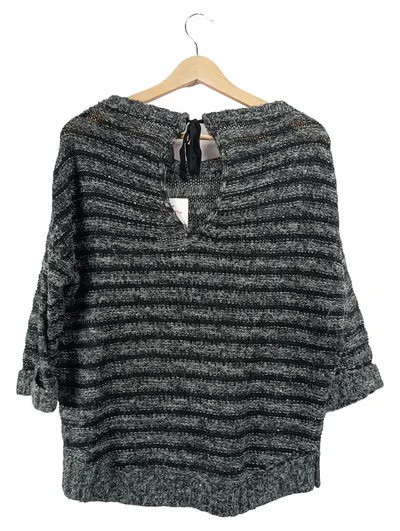 Forever 21 Damen Pullover Gr. 38 M Grau Gestreift Cut-Out Pailletten Casual