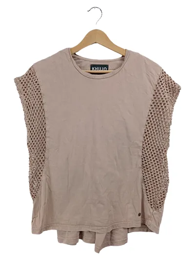 Khujo T-Shirt Damen Beige Gr. 38 M Casual Netzeinsätze Lochmuster