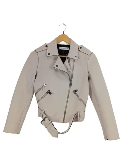MANGO Damen Lederjacke Biker-Stil Beige Gr. 34/XS