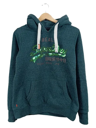 Superdry Damen Kapuzenpullover Hoodie Gr. 42 XL Grün Pailletten Logo Casual