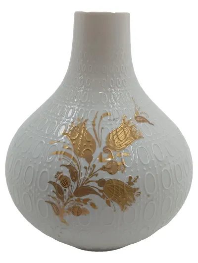 Rosenthal Vase Kugelvase Romanze Björn Wiinblad Porzellan Weiß Golddekor 15cm