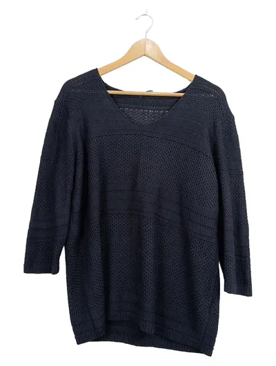 Gerry Weber Damen Pullover Gr. 44 XXL Blau V-Ausschnitt Lochmuster Casual