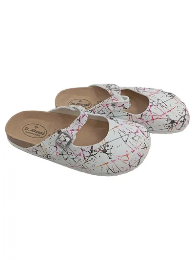 Dr. Jürgens Pantoletten Clogs Damen Weiß Abstrakt Gr. 47 Leder