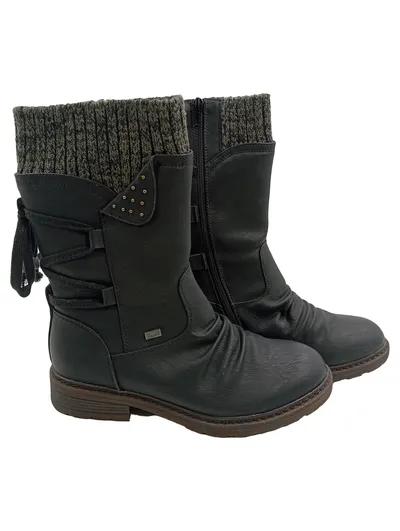 Rieker Damen Stiefel Gr. 39 Schwarz Strickbund Winterstiefel