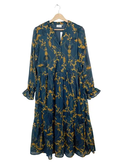 KAFFE Damen Blusenkleid Maxikleid Petrol Florales Muster Gr. 36 S Elegant