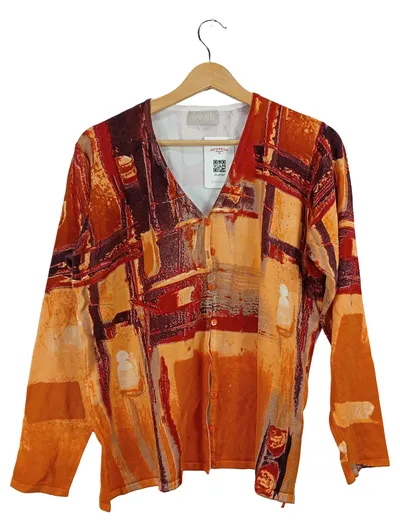Ovanti Damen Strickjacke Gr. 44 Orange Abstrakt V-Ausschnitt Langarm
