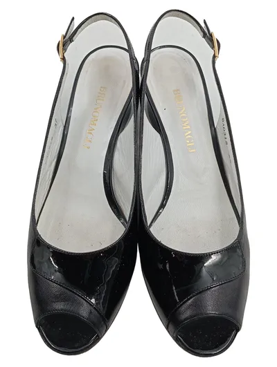 Bruno Magli Damen Slingback Peep-Toe Keilabsatz Pumps Leder Lackleder Schwarz 37