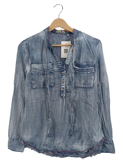 Khujo Damen Bluse Hemd Blau Gr. 36 S Casual Fransen Lyocell