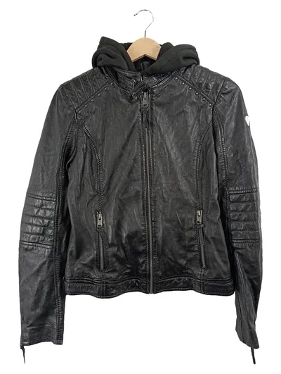 Alpenblitz Damen Lederjacke Schwarz Gr. 36 S mit Kapuze Nieten Casual