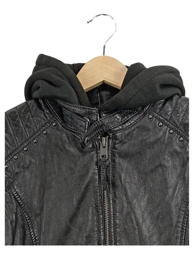 Alpenblitz Damen Lederjacke Schwarz Gr. 36 S mit Kapuze Nieten Casual
