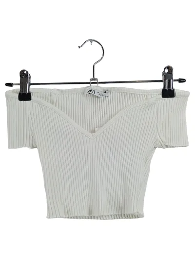 Zara Damen Pullunder Weiß Gr. 36, S Rippstrick Cropped V-Ausschnitt Kurzarm
