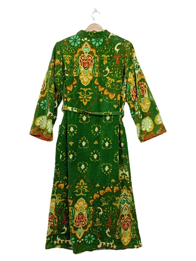 Vossen Damen Bademantel Frottier Grün Retro Florales Muster Gr. 44 XXL