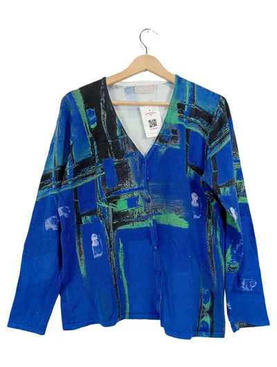 Ovanti Damen Strickjacke Gr. 44 Blau Abstrakt V-Ausschnitt Langarm