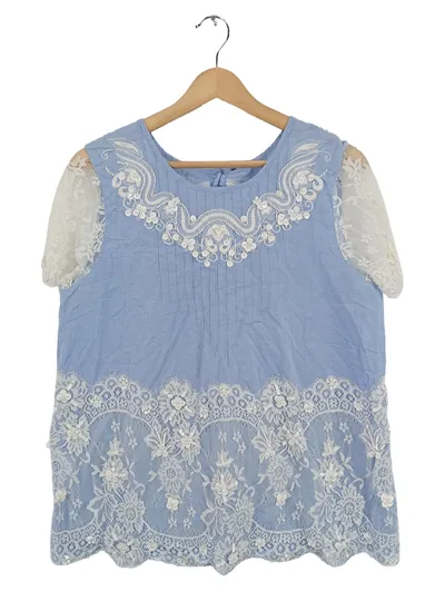 TWINSET Bluse Damen Gr. 38 M Hellblau Spitze Perlen Applikationen Romantisch