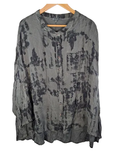 SOCCX Damen Bluse Hemd Gr. 42 XL Grau Batik Abstrakt Strass Langarm Casual
