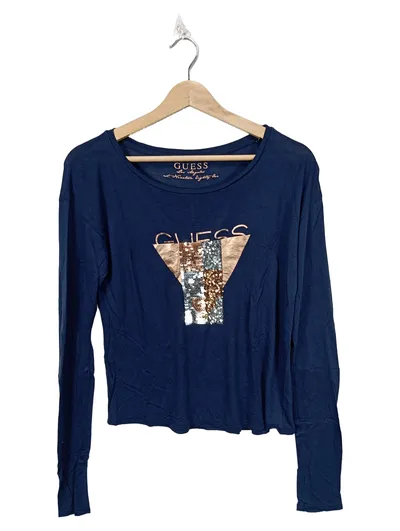 GUESS Damen Langarmshirt Blau Gr. 38 M Pailletten Logo Casual