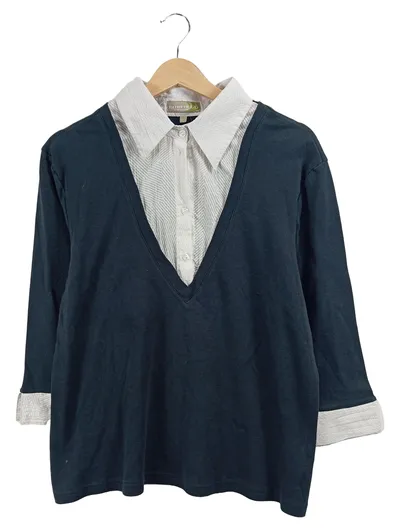 Fairfield Damen Pullover mit Bluseneinsatz Blau Gr. 42 Klassisch Baumwolle