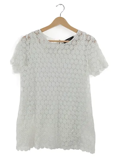 Hallhuber Damen Top Spitzen-Shirt Weiß Gr. 42 Kurzarm Reißverschluss