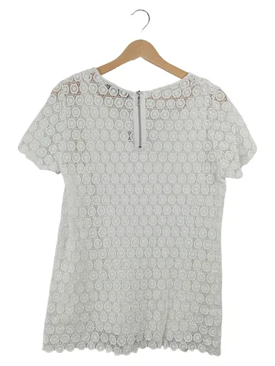 Hallhuber Damen Top Spitzen-Shirt Weiß Gr. 42 Kurzarm Reißverschluss