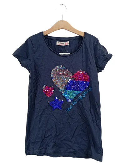 Desigual Kinder T-Shirt Blau Gr. 146 Pailletten Herz Kurzarm Casual