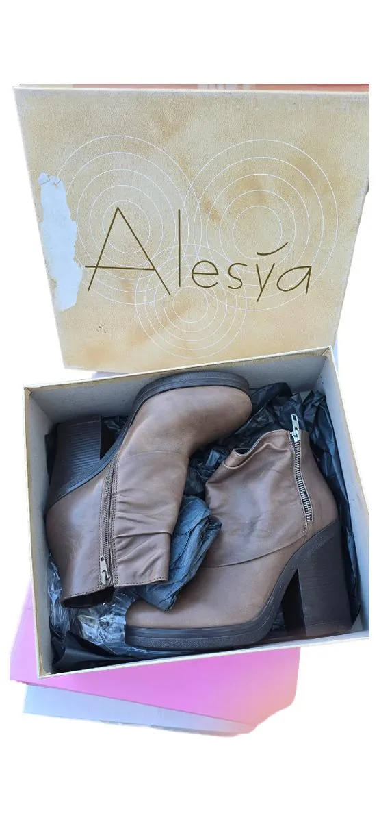 Alesya Damen Stiefeletten Braun Leder Blockabsatz Reißverschluss Gr. 39 4