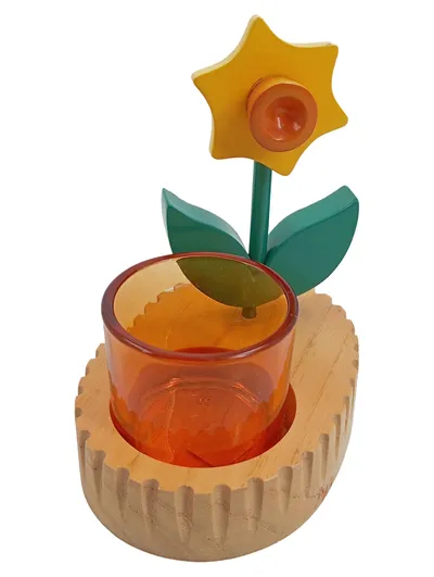 PartyLite Teelichthalter Blume Glas Holz Naturbezogen Mehrfarbig 13 cm