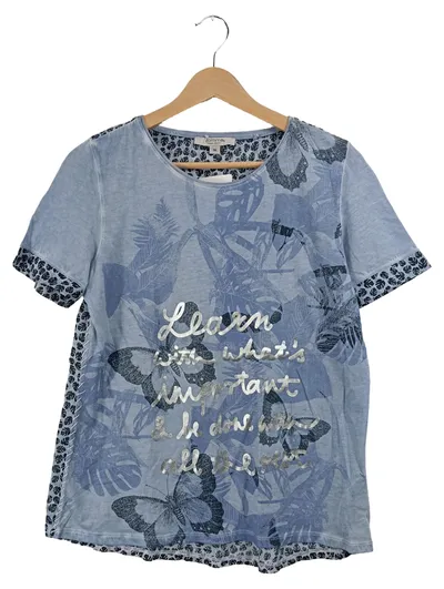 Comma T-Shirt Damen Gr. 36 S Blau Floral Print Schriftzug Casual