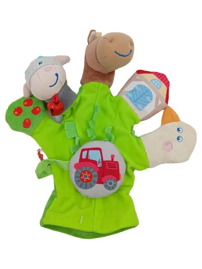 HABA Handpuppe Bauernhof mit Traktor Grün 23x23cm