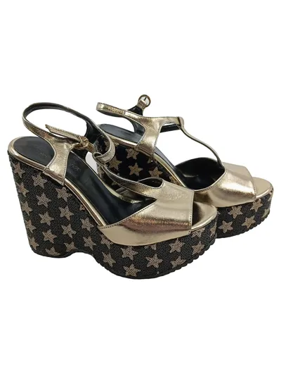 Alesya Damen Wedges Keilabsatz Sandalen Gold Sterne Pailletten Gr 36 Glamourös