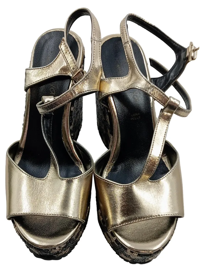 Alesya Damen Wedges Keilabsatz Sandalen Gold Sterne Pailletten Gr 36 Glamourös 2