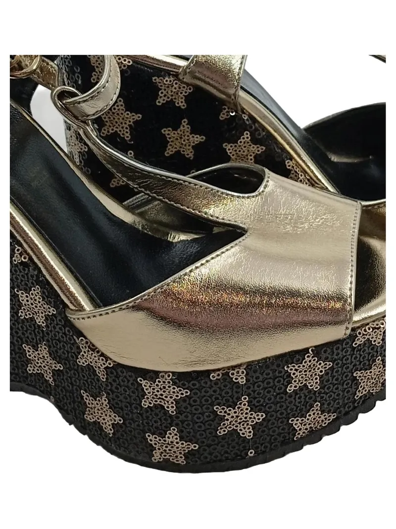 Alesya Damen Wedges Keilabsatz Sandalen Gold Sterne Pailletten Gr 36 Glamourös 3