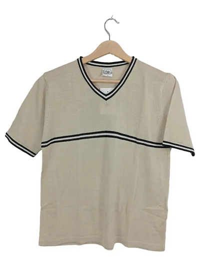 LADY M Damen Pullover Kurzarm Beige Gr. 40 L V-Ausschnitt Gestreift Wolle