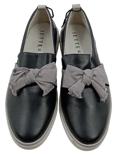 JETTE Damen Slipper Schwarz Leder Gr. 39 mit Schleife Casual