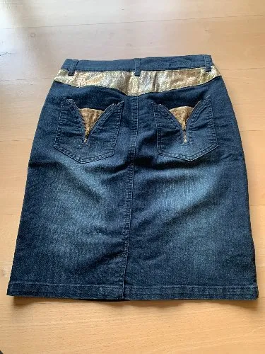 Ricarda M. Damen Jeansrock Blau Gr. 34 XS Pailletten Gold Midirock