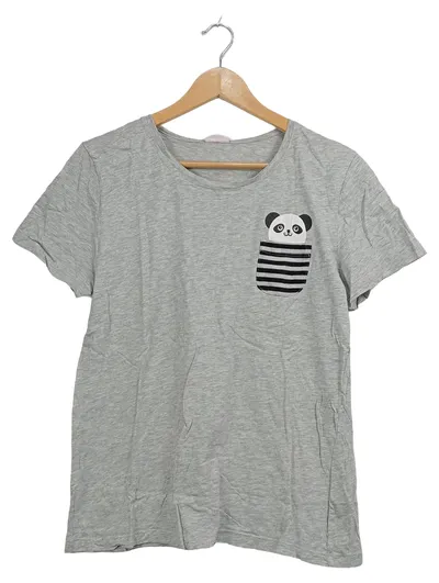 Cotton On Body Damen T-Shirt Gr. 40 L Grau Panda Motiv Kurzarm Freizeit