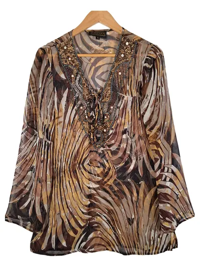 POMPÖÖS Damen Tunika Bluse Gr. 36 S Mehrfarbig Pailletten Perlen Glamourös