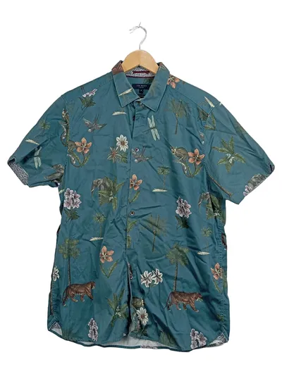 Ted Baker Herren Freizeithemd Gr. 42 Kurzarm Petrol Tiermotive Blumen Baumwolle