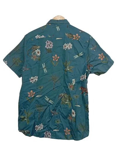 Ted Baker Herren Freizeithemd Gr. 42 Kurzarm Petrol Tiermotive Blumen Baumwolle