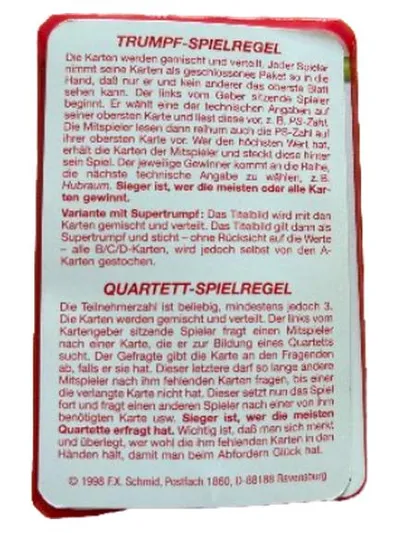 FX Schmid Super Trumpf Motor Sport Die schnellsten Renner! Kartenspiel Auto