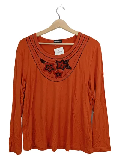 SAMOON Langarmshirt Damen Gr. 42 Orange Blumen Applikationen Casual