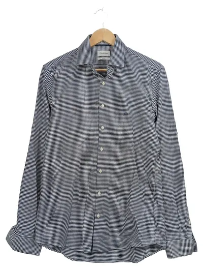 Calvin Klein Herren Business Hemd Langarm Hahnentritt Blau Weiß Gr. 40 L