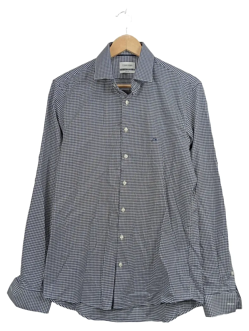 Calvin Klein Herren Business Hemd Langarm Hahnentritt Blau Weiß Gr. 40 L 1
