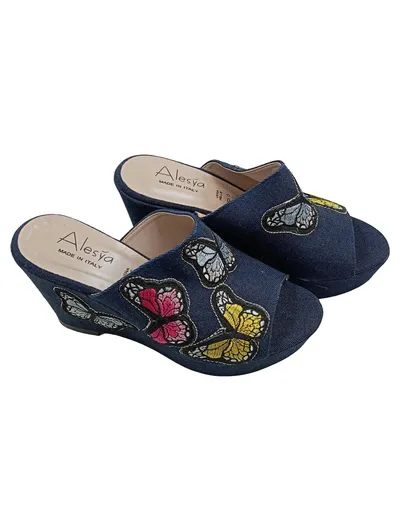 Alesya Plateausandalen Damen 38 Blau Schmetterling Applikation