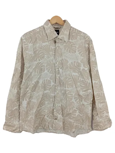 BOSS Herren Freizeithemd Gr. 48 M Beige Blattmuster Langarm Casual