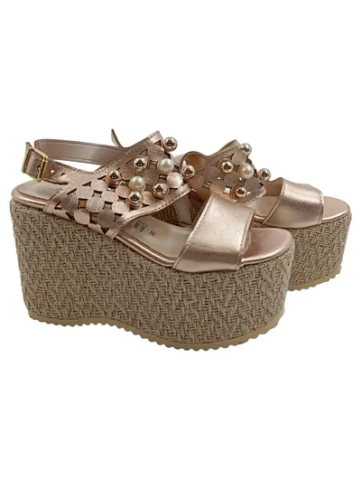 Alesya Damen Plateausandalen Rosa Gr. 35 Metallic Perlen Cut-Outs Glamourös