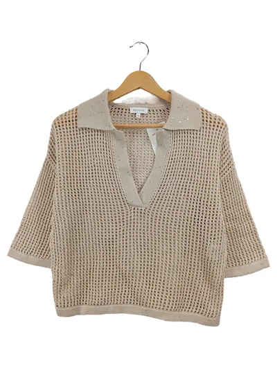 Rena Marx Damen Strickpullover Beige Gr. 36 S Lochmuster Pailletten Kragen