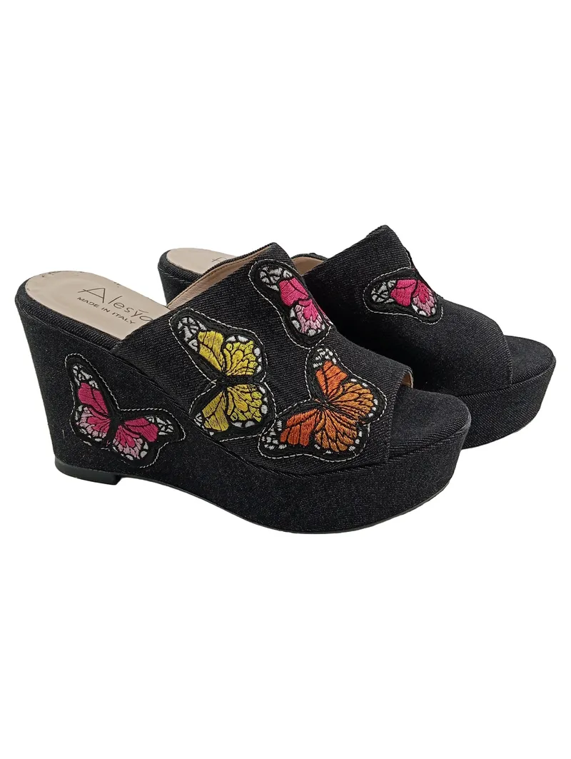Alesya Damen Keilabsatz Sandalen Schwarz Gr 38 Schmetterling Applikation Boho 1